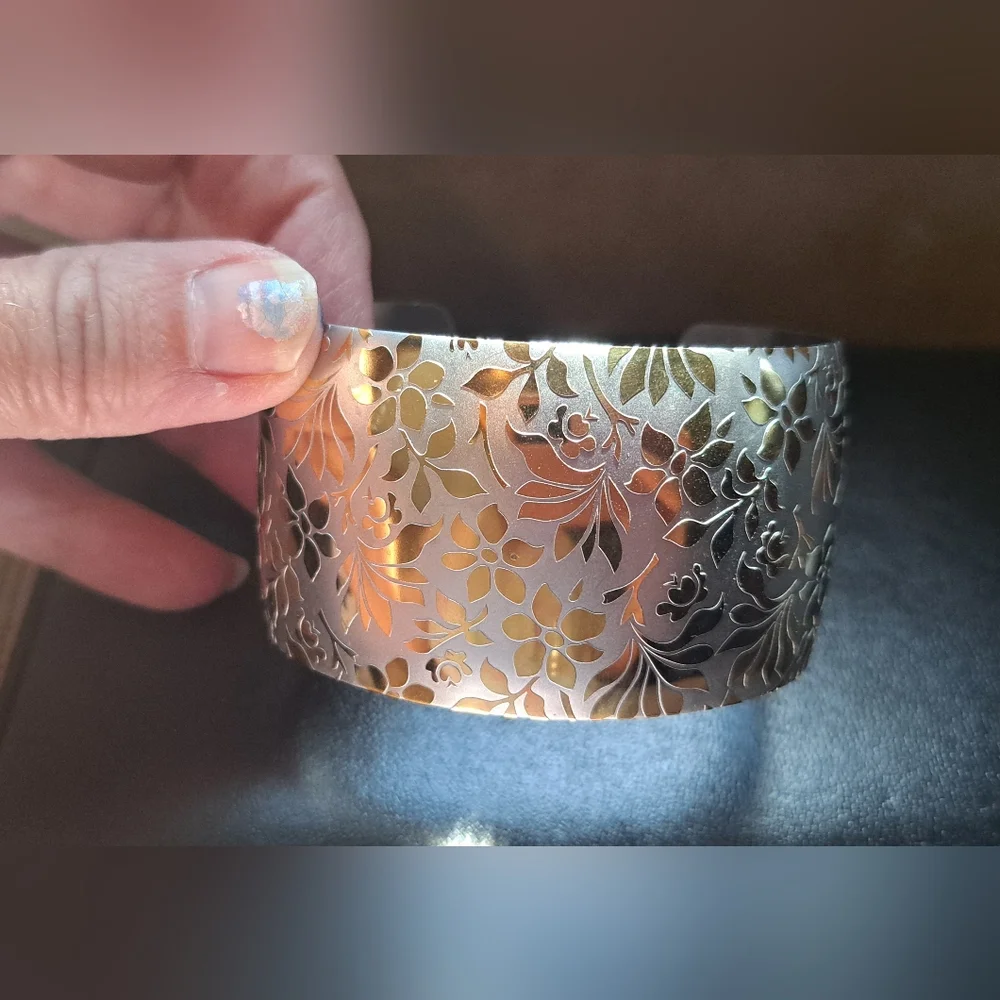 Vintage Stainless Steel Bangle Lovely Raised Gold Toned Flowers Relief Design